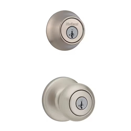 KWIKSET COVE SATIN NICKEL ENTRY KNOB & DEADBOLT COMBO, SMARTKEY & MICROBAN