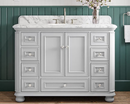 ALLEN + ROTH WRIGHTSVILLE 48" MUSE GRAY UNDERMOUNT SINGLE SINK BATH VANITY W/CARRARA MARBLE TOP