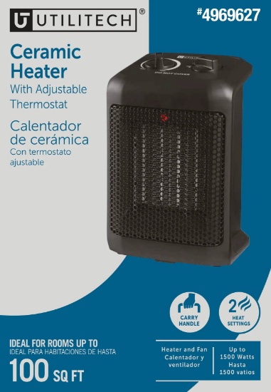 UTILITECH UP TO 1500-WATT CERAMIC COMPACT PERSONAL INDOOR ELECTRIC SPACE HEATER W/THERMOSTAT