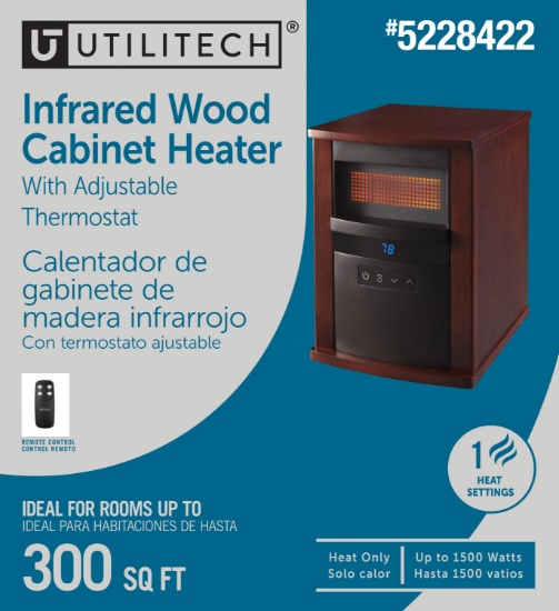 UTILITECH 1500W INFRARED CABINET INDOOR ELECTRIC SPACE HEATER W/THERMOSTAT, REMOTE