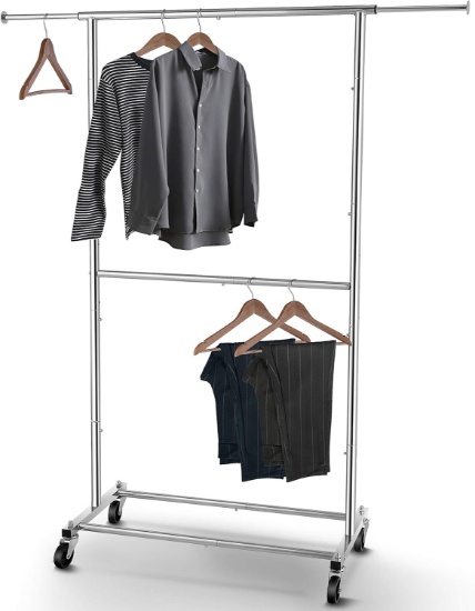 Simple Trending Double Rod Garment Rack, Rolling Clothes Organizer for Hanging, Chrome
