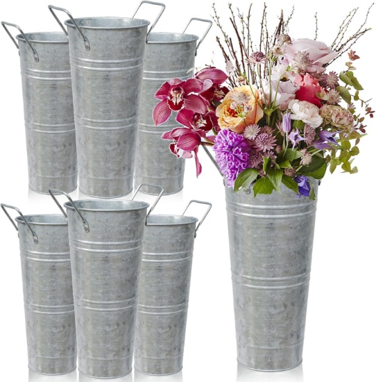 Set of 6 Rustic French Vase Tins with Handles for Flowers - Ideal Gift for Garden or Balcony