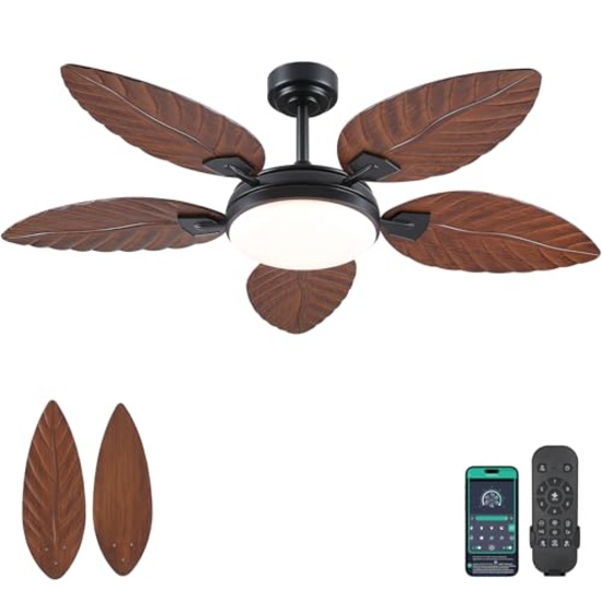 PHORUS 52" Ceiling Fan w/ Light, Remote, Palm Leaf, Dimmable, 6 Speeds, Reversible, Dark Brown
