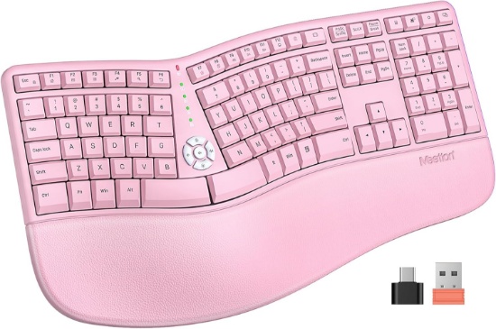 MEETION Ergonomic Split Wireless Keyboard, Cushioned Rest, USB-C, PC/Laptop/Mac, Pink
