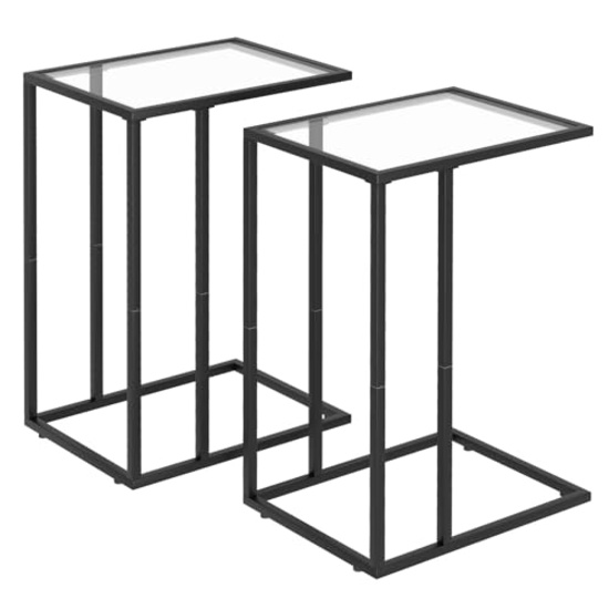 C Shaped End Table Set of 2, Tempered Glass TV Tray, Metal Frame, Black, Modern Style