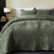 POWDION KING VELVET QUILT, OVERSIZED BEDSPREAD, SOFT COVERLET, 2 SHAMS, ARMY GREEN STRIPED