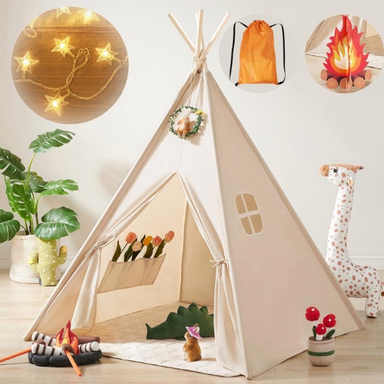 TINY LAND TEEPEE TENT FOR KIDS, W/13FT STAR LIGHTS, FOLDABLE, WASHABLE, INDOOR PLAY TENT