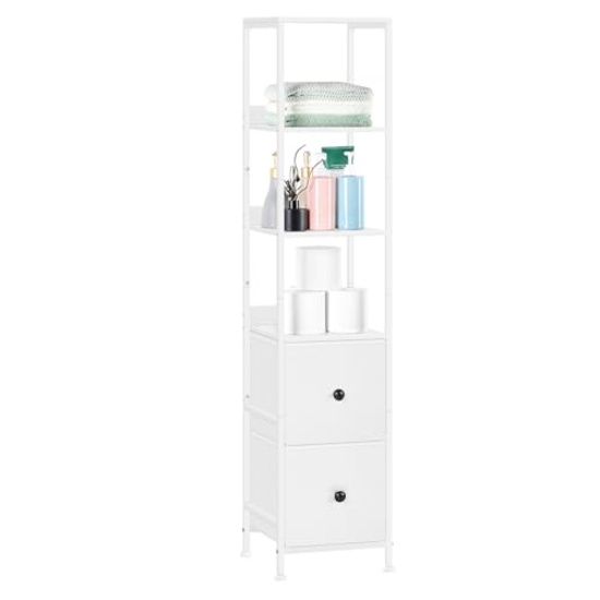 BATHROOM TALL CABINET, 5-TIER CORNER SHELF, 2 FABRIC DRAWERS, FREESTANDING, WHITE