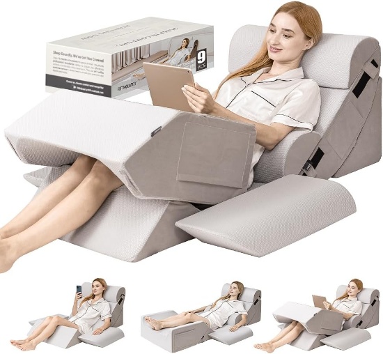 9PCS ORTHOPEDIC BED WEDGE PILLOW SET, PAIN RELIEF, ADJUSTABLE FOR BACK SUPPORT & COMFORT