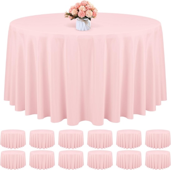 12 PACK 120 INCH PINK ROUND POLYESTER TABLECLOTHS - WASHABLE, FOR WEDDINGS, BANQUETS, DINING