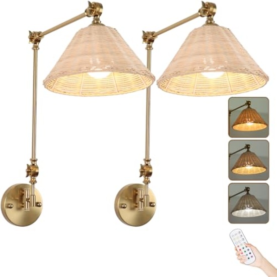 WOVEN BATTERY WALL SCONCE SET OF 2, RATTAN, RGB DIMMABLE, REMOTE CONTROL, BEDROOM, LIVING ROOM