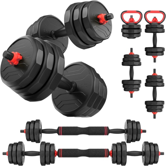 ADJUSTABLE DUMBBELLS, 20-90LBS, CONVERTIBLE 2 OR 3 IN 1 SET, BARBELL, KETTLEBELLS FOR HOME GYM