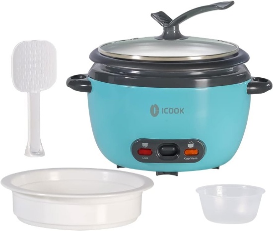 BLUE 0.6L RICE COOKER, WARMER, STEAMER, NONSTICK POT, GLASS LID, MINI SIZE