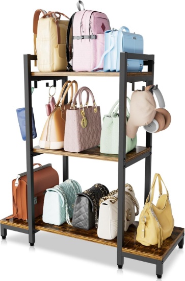 AQUZEE 3 TIER BAG ORGANIZER, SHELF STORAGE WITH HOOKS FOR CLOSET, HOME, BEDROOM STORAGE