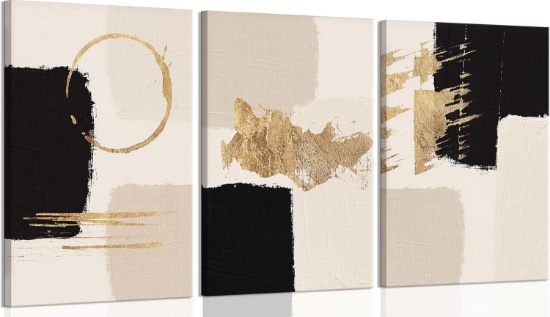 3PCS FRAMED BLACK GOLD-TONE ABSTRACT WALL ART BOHEMIAN MINIMALIST GEOMETRIC CANVAS POSTER PRINT