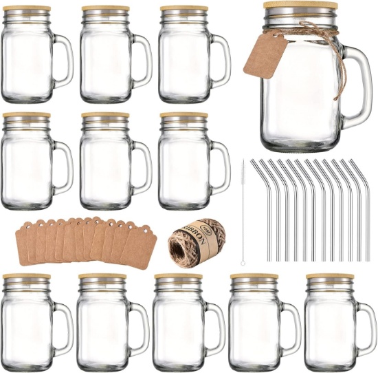 16 OZ MASON JARS WITH HANDLE, GLASS CUPS WITH LIDS & STRAWS, DRINKING GLASSES SET OF 12