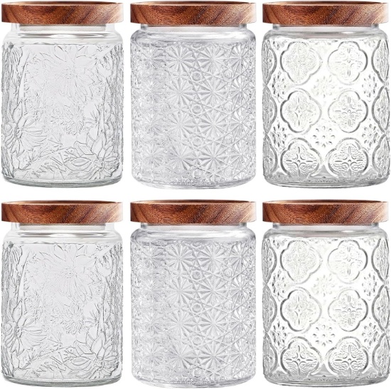 VINTAGE-STYLE GLASS JARS WITH WOODEN LIDS, 6 PACK, 24 OZ AIRTIGHT CONTAINERS FOR KITCHEN STORAGE