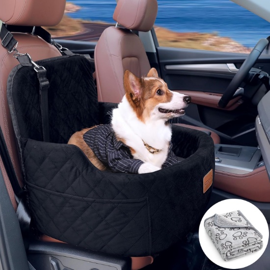 DOG CAR SEAT, MEMORY FOAM, FOR PETS UP TO 35LBS, EASY INSTALL, WITH STORAGE & BLANKET