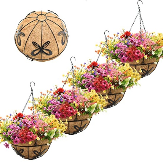 4 PACK 14 INCH METAL HANGING PLANTER BASKETS WITH COCO LINERS & CHAIN (BUTTERFLY DESIGN)