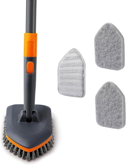 TILE TUB SCRUBBER BRUSH, 3 CLEANING HEADS, 56" EXTENDABLE HANDLE, NO SCRATCH, GREY