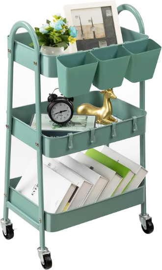 DANPINERA 3-TIER ROLLING CART, METAL STORAGE CART WITH WHEELS & CUPS, MOBILE TROLLEY, GREEN