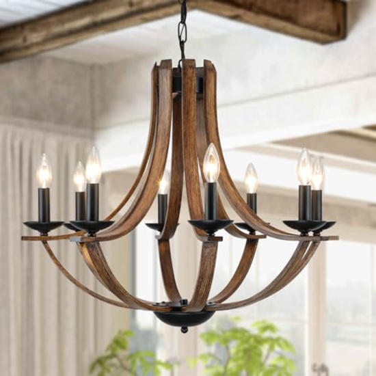 RUSTIC FARMHOUSE CHANDELIER, 8-LIGHT, 28", ADJUSTABLE, FOR KITCHEN, LIVING ROOM, FOYER, FAUX WALNUT