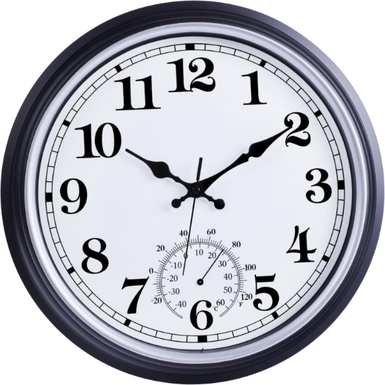 QWARVEL 16" LARGE OUTDOOR CLOCK, RETRO, WATERPROOF, NON-TICKING, THERMOMETER, PATIO/GARDEN, BLACK