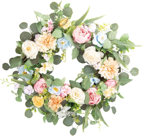 HONNESSERRY 24IN SUMMER WREATH, LARGE EUCALYPTUS FARMHOUSE DECOR FOR FRONT DOOR