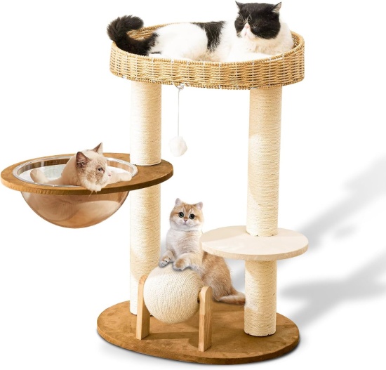 MODERN CAT TREE FOR INDOOR CATS, WOOD WITH SISAL SCRATCHING POSTS & CAT SCRATCHING BALL TOY