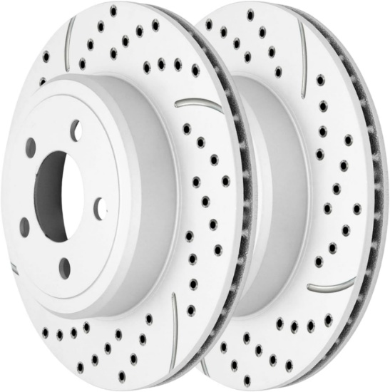 PAIR OF 2 FRONT TURBOGUARD COATED DRILLED SLOTTED SILVER-TONE BRAKE ROTORS, DRIVER & PASSENGER SIDE