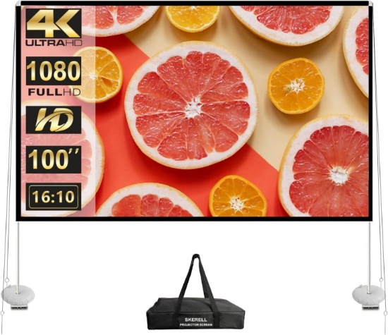 OUTDOOR PROJECTOR SCREEN W/STAND, 100", 16:10 4K HD, PORTABLE, W/CARRYING BAG