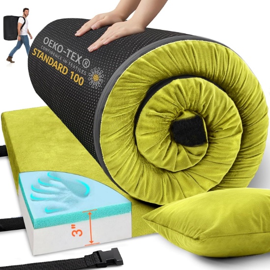 MEMORY FOAM CAMPING MATTRESS, 3" THICK, WATERPROOF, PORTABLE, WITH PILLOW & TRAVEL BAG