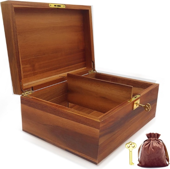WOOD BOX LARGE DECORATIVE STORAGE BOX WITH LOCK KEY, ACACIA MEMORY CHEST, 11 X 8.5 X 5"