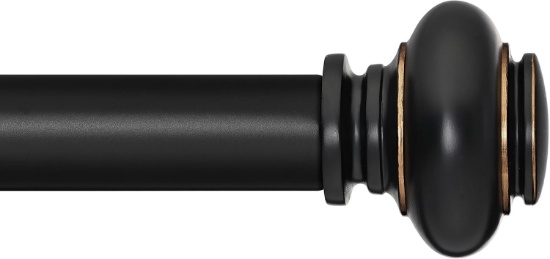 BLACK CURTAIN ROD, 66-120 IN, 1 IN DIAMETER, ADJUSTABLE, WITH CLASSIC FINIALS, BLACK/GOLD-TONE