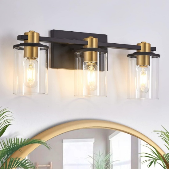 STAMBORD 3 LIGHT BATHROOM VANITY LIGHT, BLACK GOLD-TONE WALL SCONCE W/GLASS SHADE
