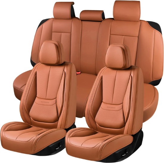 CAR SEAT COVERS, LEATHER, WATERPROOF, AIRBAG COMPATIBLE, BREATHABLE, FOR CAR/TRUCK/SUV, BROWN