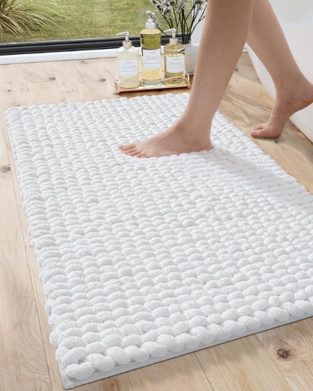 DEXI BATH RUG, 17X30, NON-SLIP, LUXURY CHENILLE, SUPER ABSORBENT, PLUSH SHAGGY, WHITE