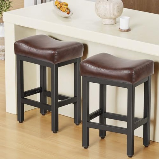 COUNTER HEIGHT BAR STOOL SET OF 2, 24 INCH, BONDED LEATHER, THICK SEATS, METAL BASE