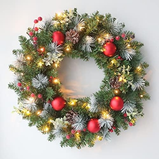 GORGEOUS, PRE-LIT ARTIFICIAL WREATH WITH REALISTIC PINE BRANCHES, PINE CONES & BERRY CLUSTERS, 20"