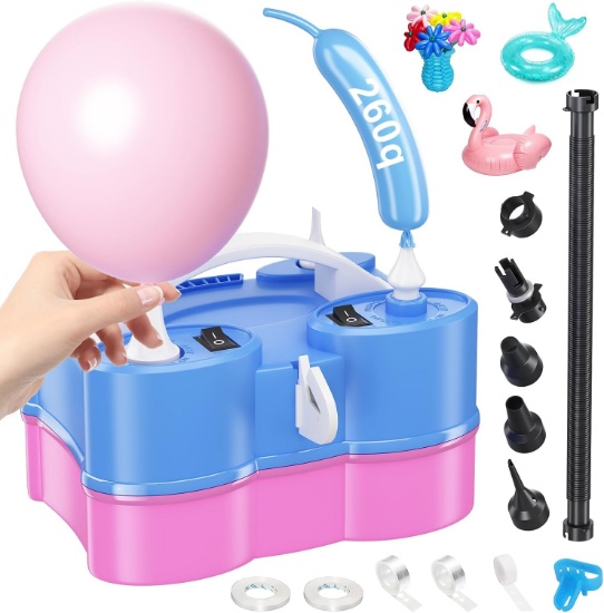 ELECTRIC BALLOON PUMP, 3-IN-1 AIR PUMP, DUAL NOZZLE INFLATOR, BLUE PINK