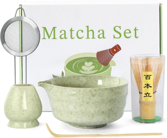 5PCS MATCHA SET: 17OZ BOWL, BAMBOO WHISK, CERAMIC HOLDER, SCOOP, SIFTER - GIFT FOR MATCHA LOVERS