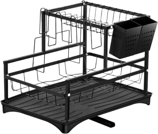KITCHEN DISH DRYING RACK, 2-TIER PLATE STORAGE, 42X29.8X30.5CM, REMOVABLE DRIP TRAY, COMPACT USE