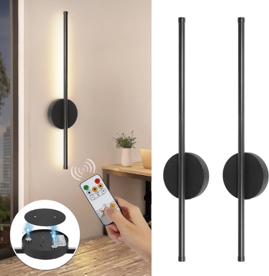 24" BATTERY OPERATED WALL SCONCE, WIRELESS, RECHARGEABLE, BLACK, REMOTE CONTROL, DIMMABLE (2PACK)