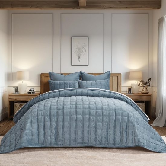 EVERGRACE VELVET QUILT, KING SIZE, ULTRA SOFT SET WITH 2 SHAMS, BLUE LINEN, 108"X96"