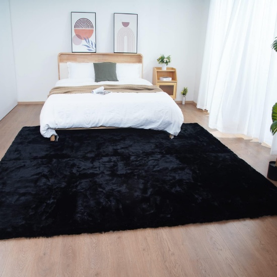 GHOUSE BLACK FAUX RABBIT FUR AREA RUG, 6X9, MACHINE WASHABLE, FLUFFY, NO-SHED, SHEEPSKIN