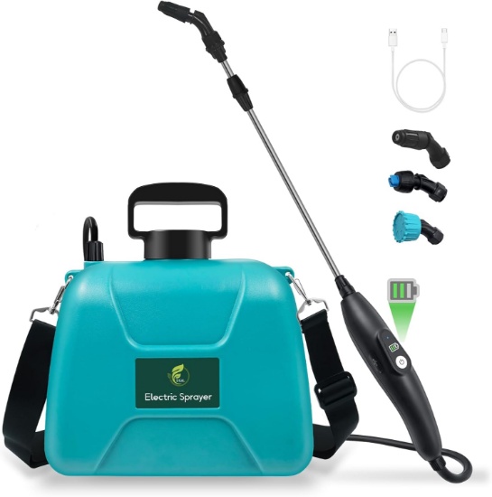 2 GAL BATTERY POWERED GARDEN SPRAYER, USB HANDLE, 3 NOZZLES, RETRACTABLE WAND, ADJUSTABLE STRAP