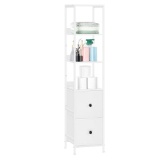 BATHROOM TALL CABINET, 5-TIER CORNER SHELF, 2 FABRIC DRAWERS, FREESTANDING, WHITE