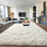 9X12 SHAG RUG, SOFT FURRY NON-SLIP CARPET FOR LIVING ROOM & BEDROOM, CREAM WHITE