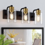 MATTE BLACK/GOLD-TONE 3-LIGHT BATHROOM FIXTURE W/CLEAR GLASS SHADE, FOR MIRROR, JD-188