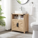 BATHROOM FLOOR CABINET, ADJUSTABLE SHELF, BARN DOORS, FARMHOUSE STYLE (NATURAL OAK)